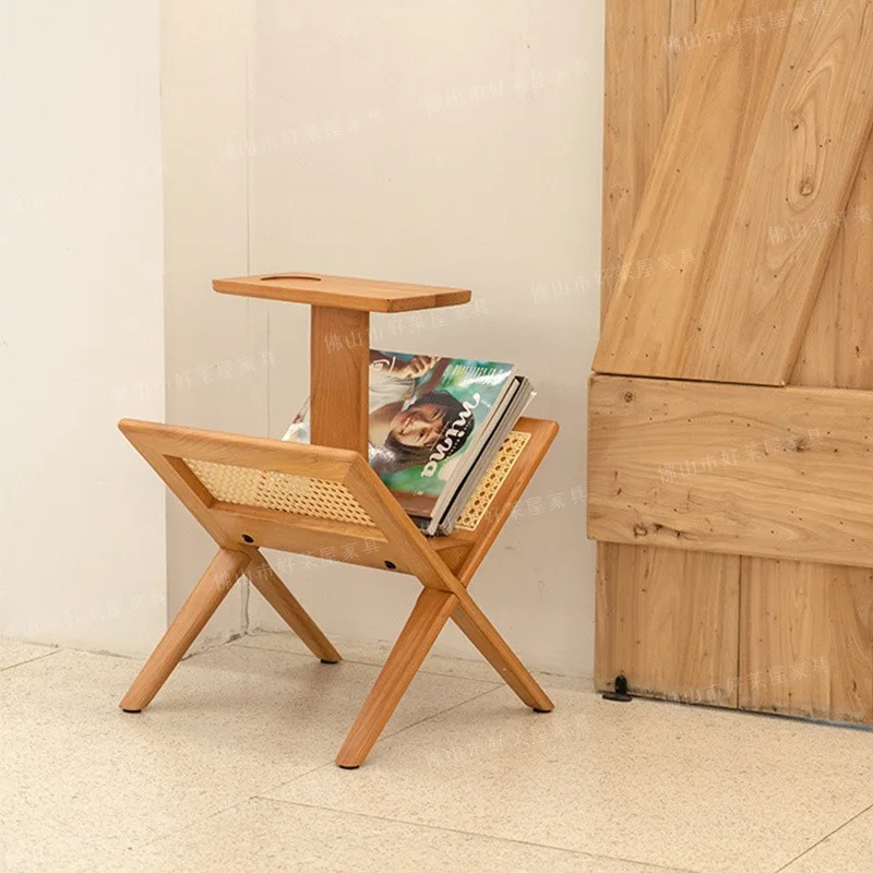Solid wood magazine rack, rattan, book and newspaper rack, a few corners, Japanese-style simple household storage shelf