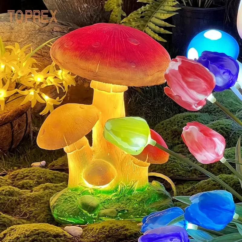 TOPREX Creative Outdoor Garden LED Decoration Cartoon Mushroom Garden Ornament Statue Stool Table Set