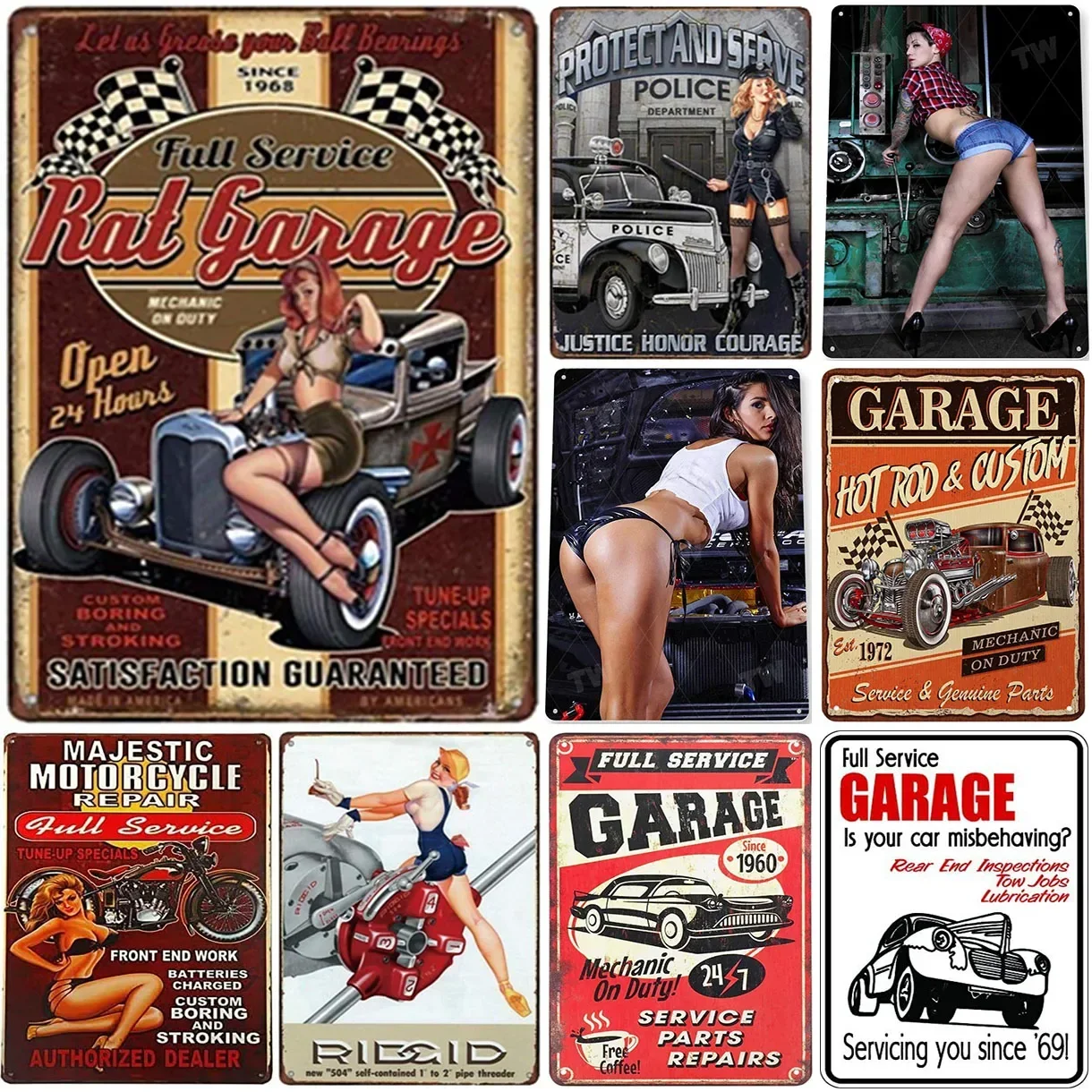 Vintage Pinup Garage Service Metal Tin Wall Sign  Retro Iron Art Decor for Garage Cafe Washroom Club Bar  Classic Poster Plaque