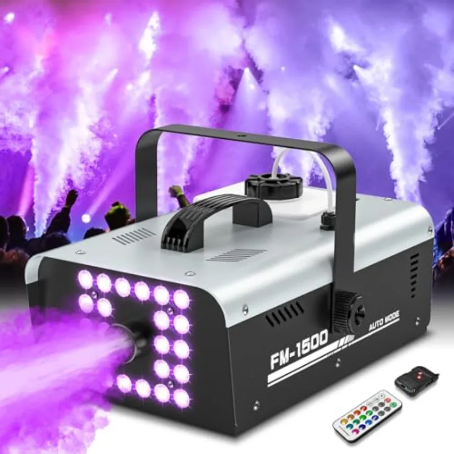 

Fog Machine Halloween Outdoor Indoor, 1500W Smoke Machine Fog with 24 LEDs Strobe Lights and Remote for DJ Party Disco Stage We