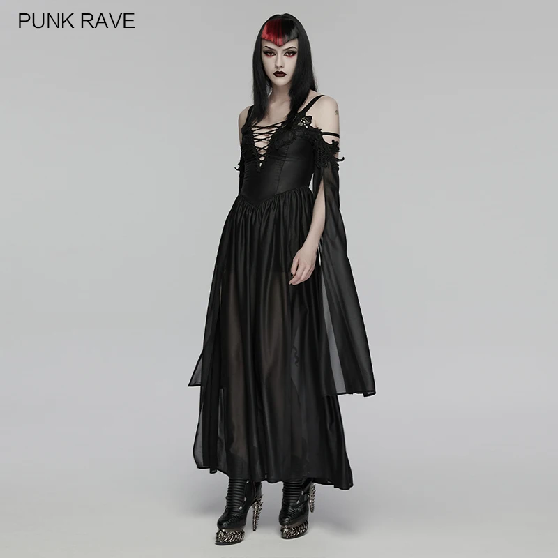 PUNK RAVE Women's Gothic High-quality Chiffon V-neck Drawstring Elegant Dress Charm Pleated Design Party Club Layers Dresses