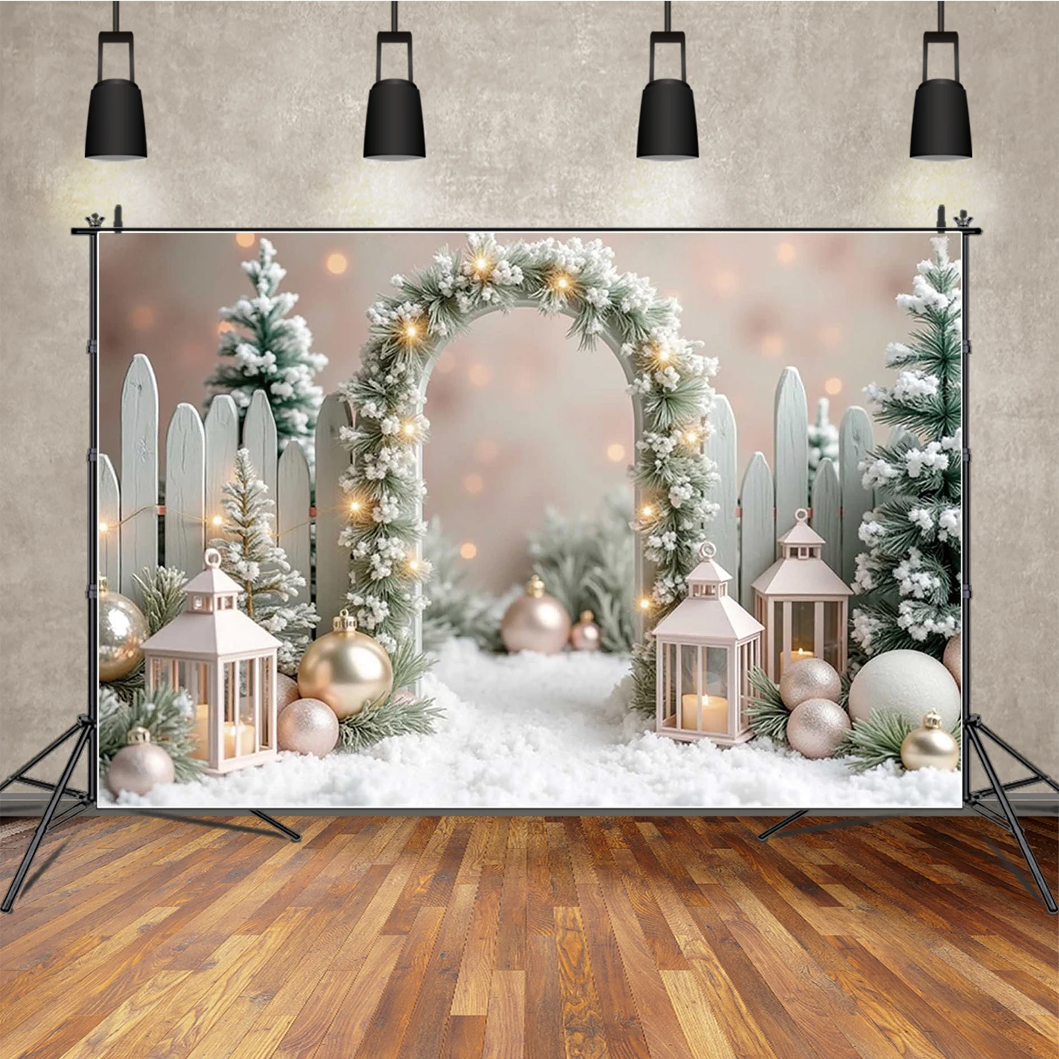 

MOON.QG Arch Fence Door Backgrounds For Photographs Wood Candles Christmas Pine Photography Backdrop Party Decorations Wallpaper