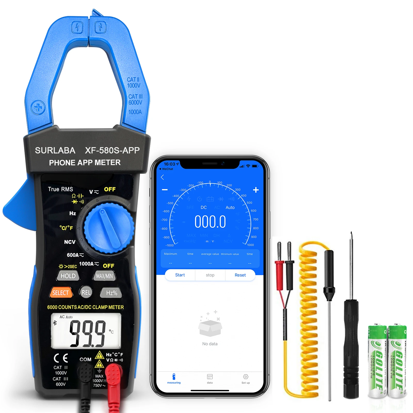 

HoldPeak HP-580S-APP True RMS Clamp Meter, 6000 Counts, APP Connect, 1000A AC/DC, Voltage, Resistance, Temperature, Continuity