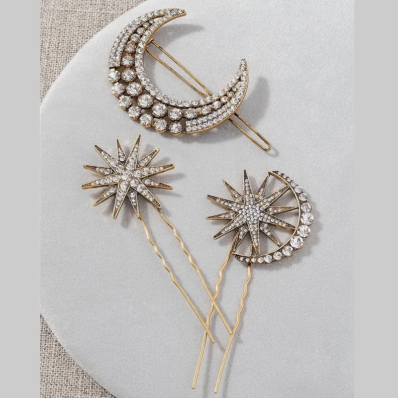 Reteo Star Moon Rhinestone Hair Clip Vintage Women U Shaped Moon Star Hair Sticks Women Gifts Hair Styling Accessories