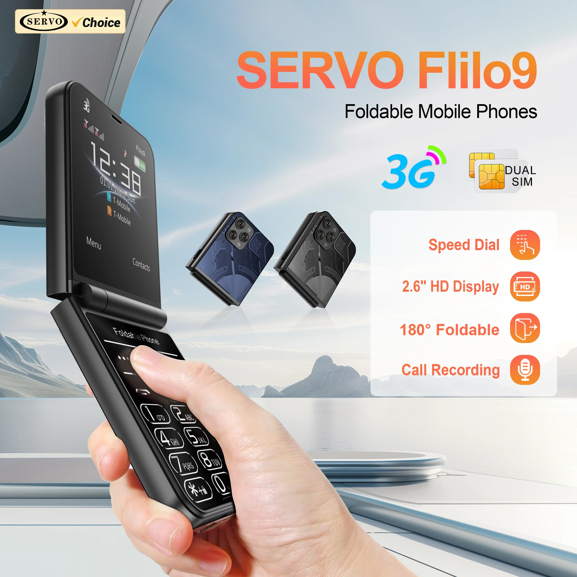 SERVO Flilo9 3G WCDMA Flip Mobile Phone 2 SIM Card Speed Dial Call Recording Blacklist Rear Camera Flashlight Fold Button Phones