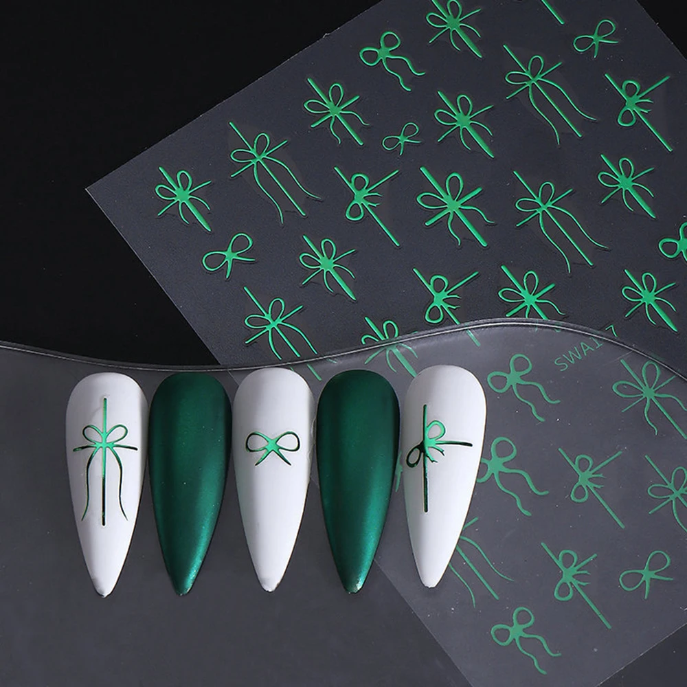3 أوراق هدية الانحناء ملصقات الأظافر معدنية الذهب الأخضر الأحمر تصميم الشريط البسيط DIY بها بنفسك سحر السنة الجديدة عطلة المتزلجون مانيكير الشارات #6