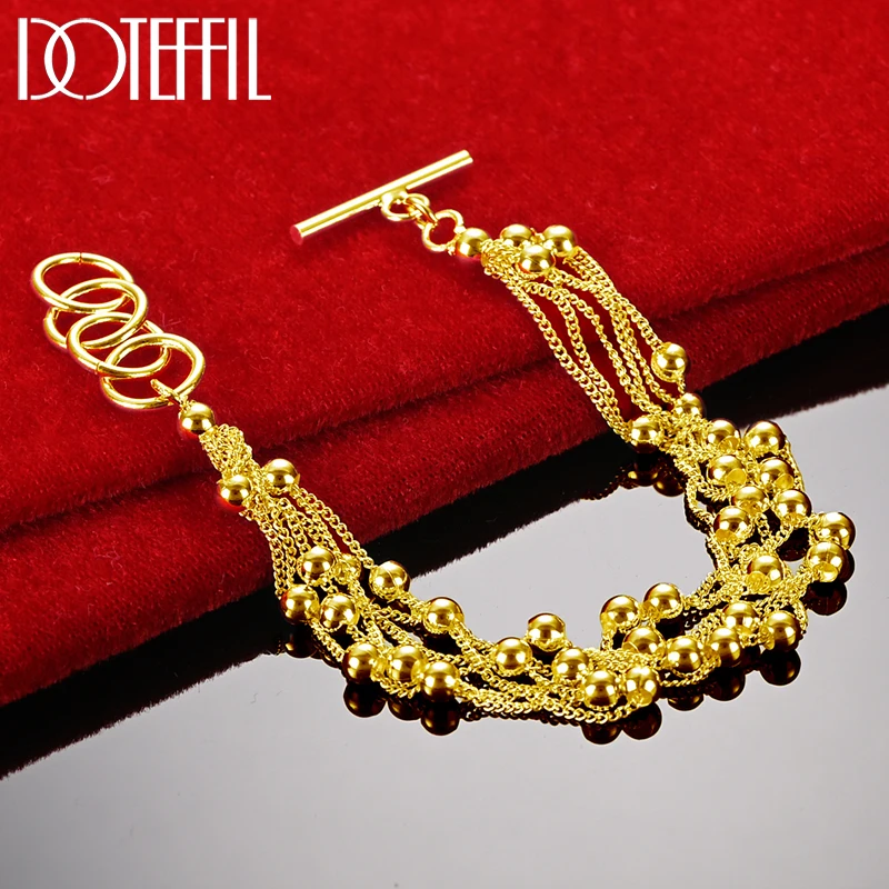 DOTEFFIL 18K Gold 925 Sterling Silver Smooth Beads Multi-Chain Bracelet For Women Charm Fashion Party Wedding Engagement Jewelry