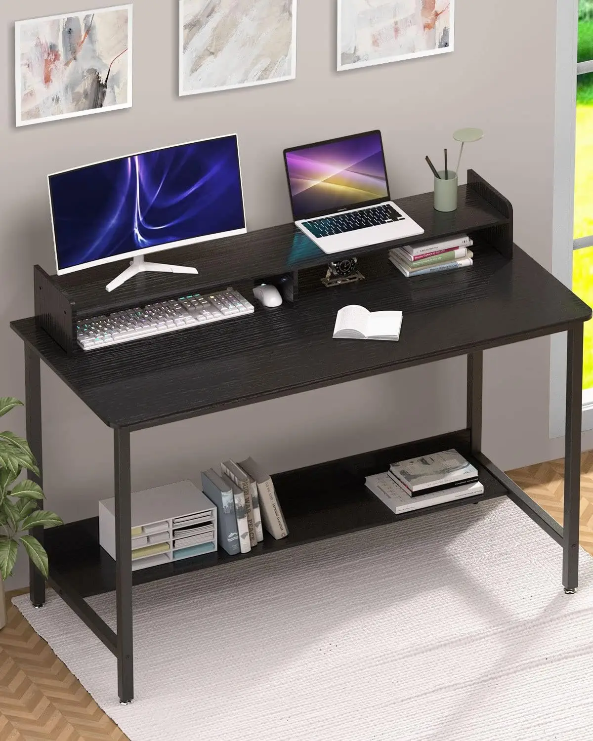 Woodynlux Computer Desk With Shelves, 43 Inch Gaming Writing Desk, Study Pc Table Workstation With Storage For Home Office,