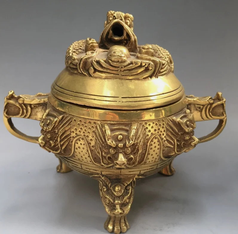 China antique brass handmade fengshui dragon double ears Incense Burners statue