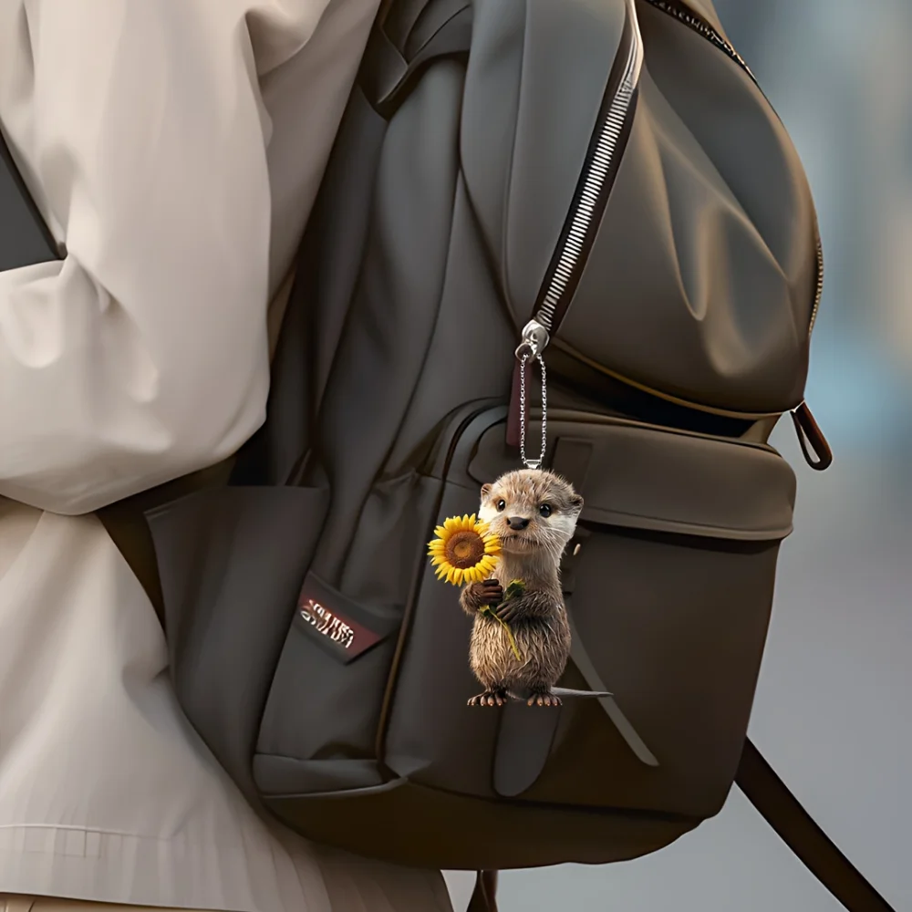 2D Otter with Sunflower Acrylic Pendant Cute Animal Keychain Versatile Charm Cartoon Decor for Car Backpacks Festive Party Gift