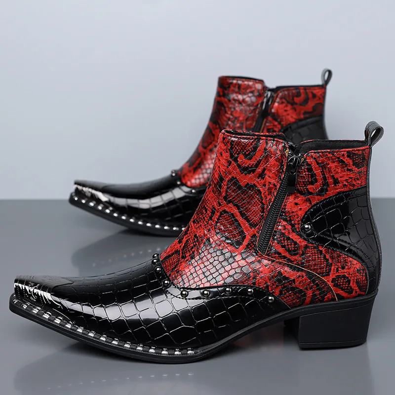 mens fashion punk gothic chelsea boots slip-on snake skin pattern shoes carved brogue cowboy boot designer cool ankle botas male