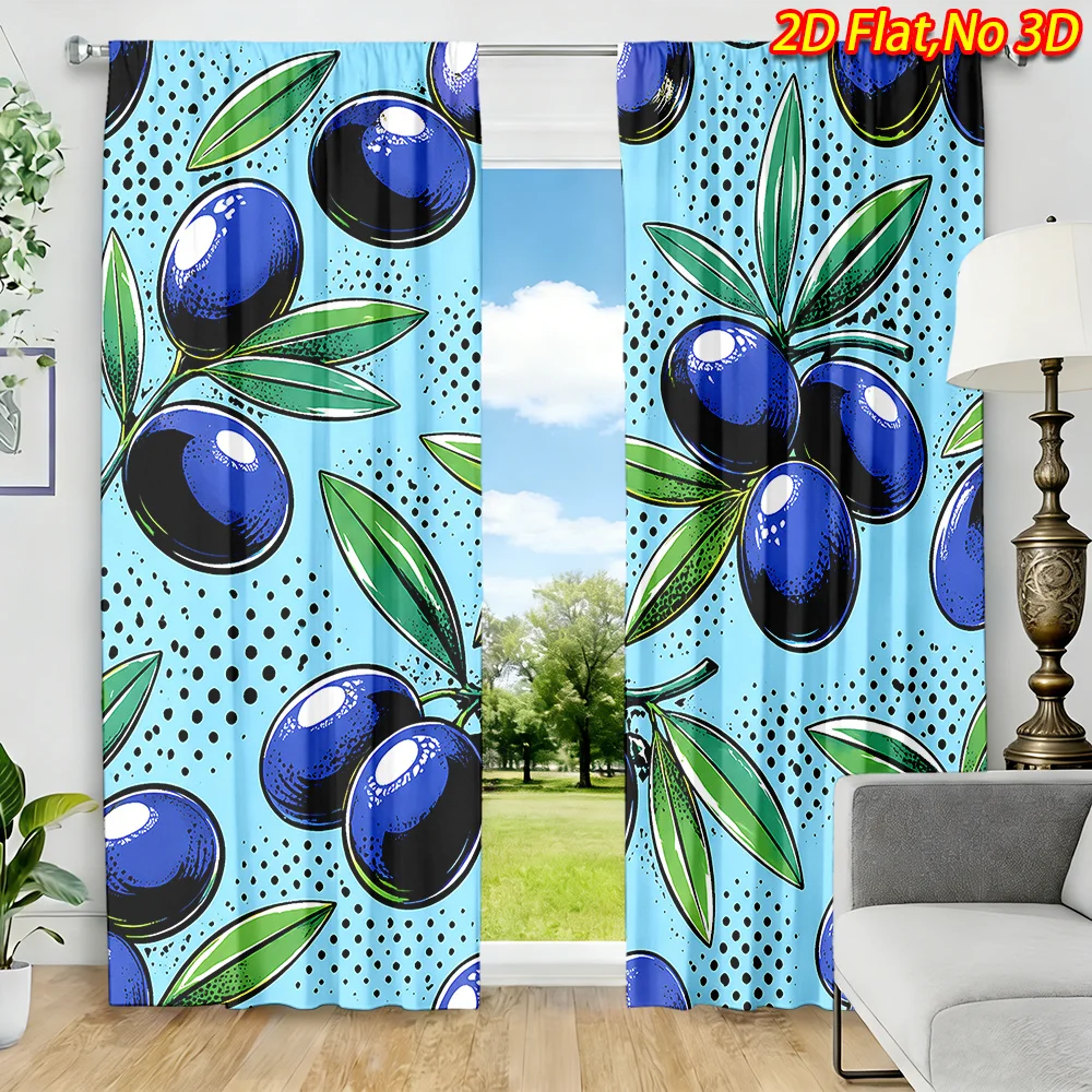 Blue Olive Branch Curtains, Pop Art Fruit Graphic Window Drapes, Mediterranean Kitchen Decor, Blackout Fabric for Dining Room