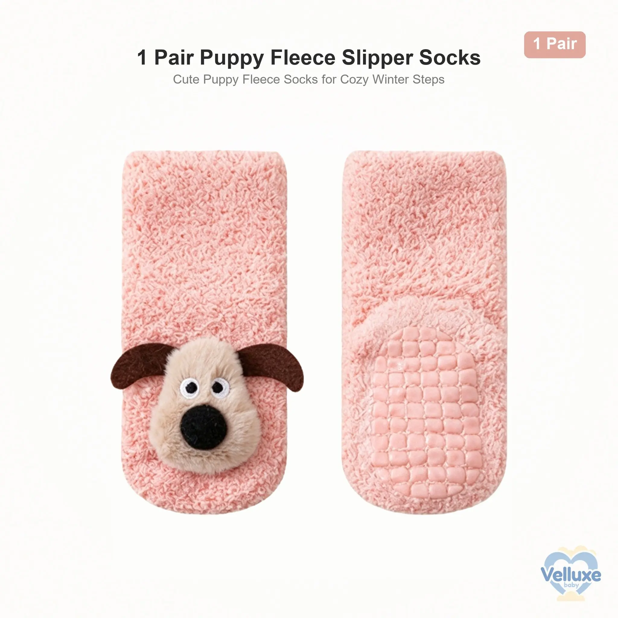1 Pair Baby Fleece Slipper Socks Cute 3D Puppy Anti Slip Silicone Sole Warm Floor Socks Toddler Winter Socks for 0-3 Years