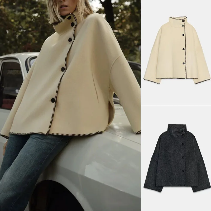 معاطف خارجية أنيقة بياقة واقفة وأزرار للنساء معاطف فضفاضة غير متماثلة بأكمام طويلة وخياطة متباينة