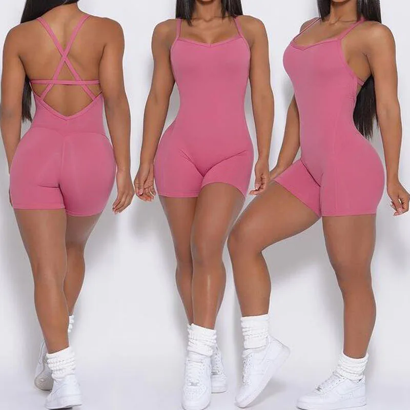 Yoga Jumpsuit Solid Color No Center Line Sexy Beauty V-Shaped Cross Back Sports Active One Piece Short Bodysuits For Women