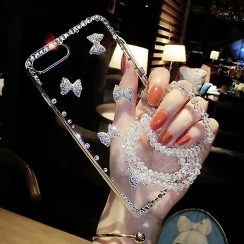 Transparent Soft TPU Cover for Samsung Galaxy, Glitter Bling, Rhinestone Bow, Luxury Case, S23 Ultra, S24, S21, S22 Plus, Note20