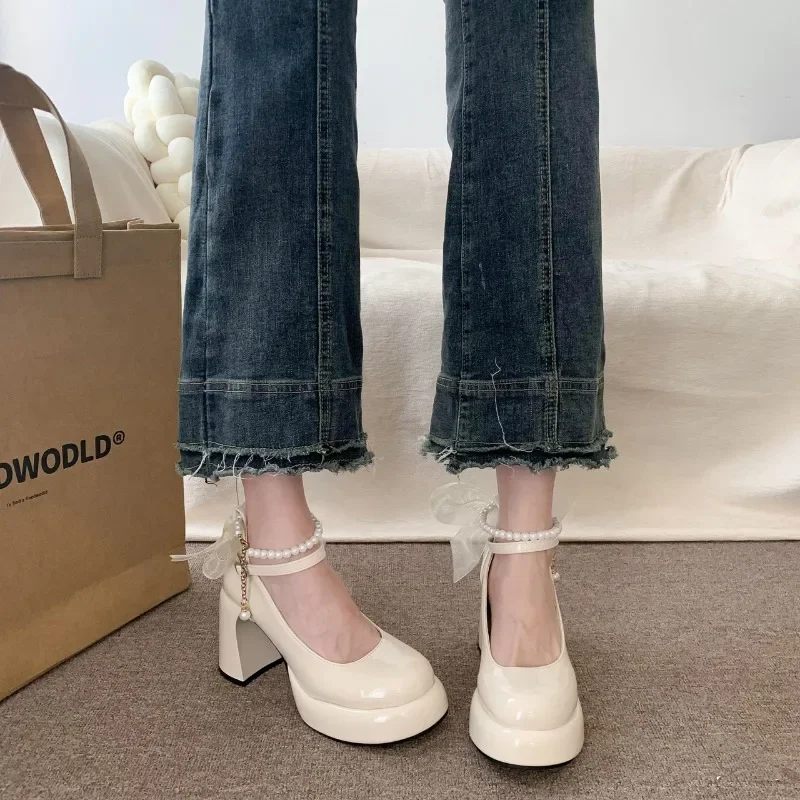 Mary Jane Shoes Women's Spring New Ultra-high Heel Pearl Chain with Platform Block Heel Wedding Shoes Lolita Shoes image 5