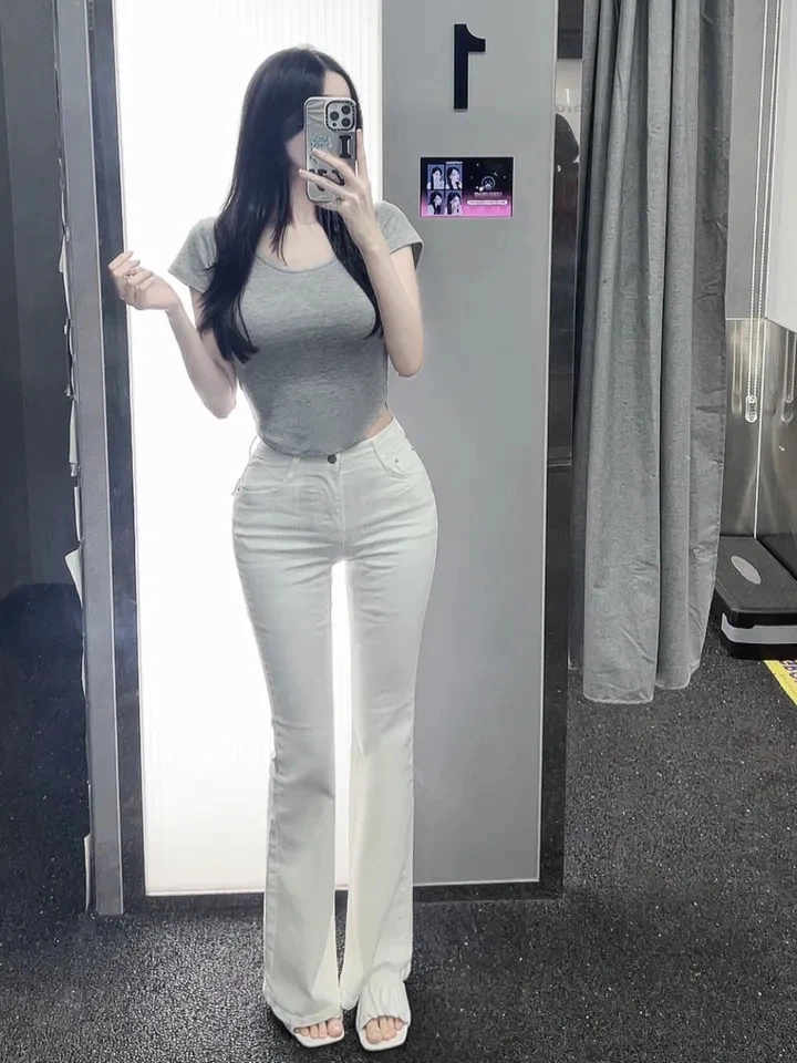 

High Waist keted Bell Bot Jeans Women's High Elastici Denim Pants Korean Sle Beautiful Hips Self-Contained