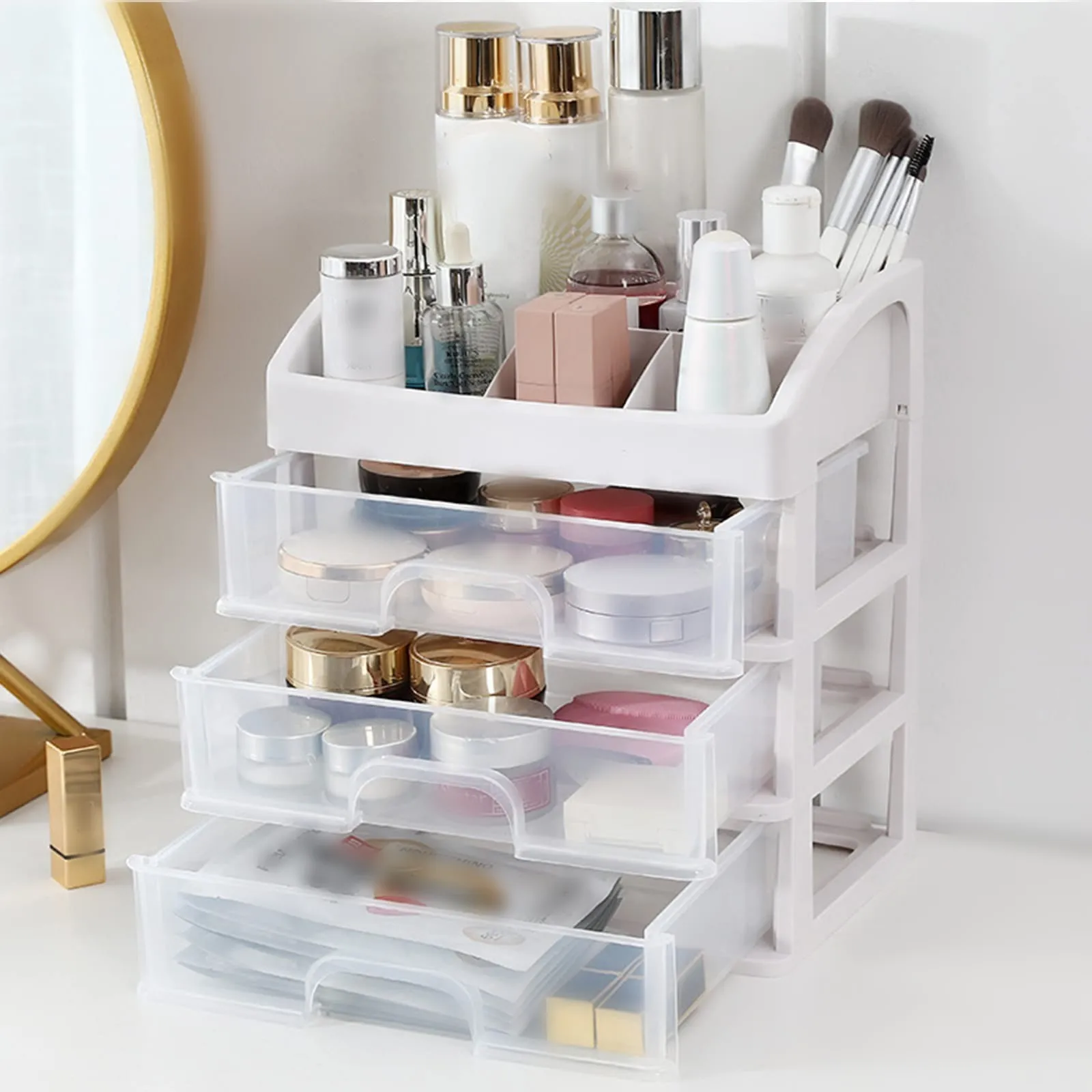 Makeup Organizer for Vanity Desktop Stroage Boxes with 3 Drawers  for Cosmetics SkinCare Eyeshadow Brushe Lipstick for Bathroom