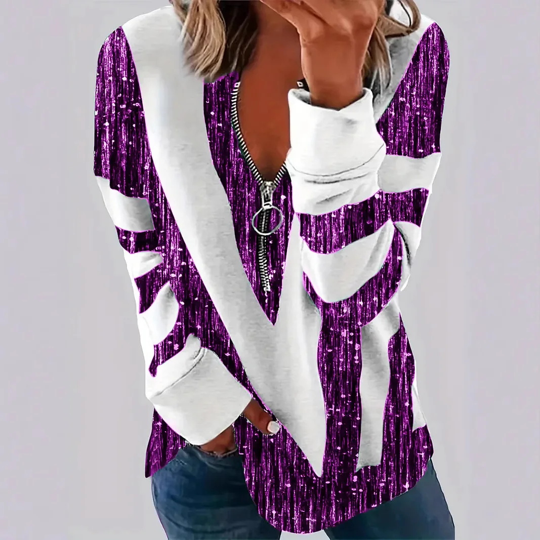 Plus Size Tops Half Zipper POLO Collar 3D Stripe Printing Large Size Women's New Casual Comfortable Fashion Top Pullover T-shirt