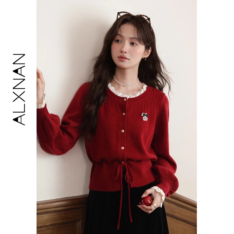 

ALXNAN Red Cardigan Ruffled Edge Patchwork Drawstring Hem Lantern Sleeve Sweater Bow Cute Loose-fit Female Knitted Tops L57526