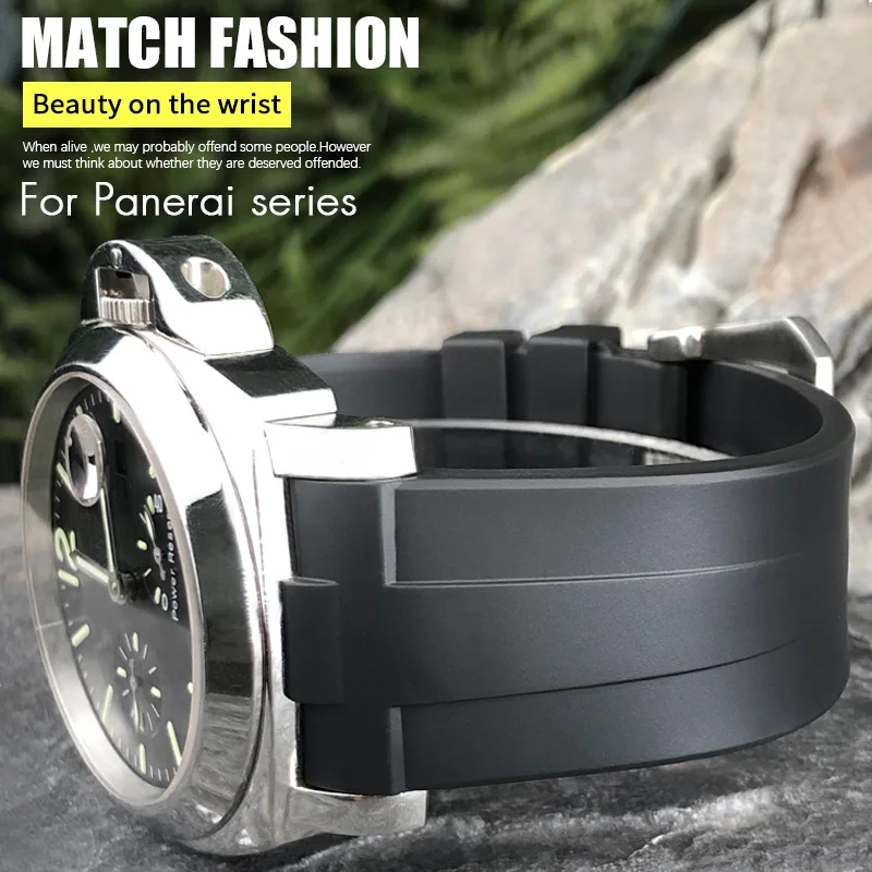 24mm Curved End Natural Rubber Watchband for Panerai LUMINOR SUBMERSIBLE PAM Silicone Waterproof Watch Strap Butterfly Buckle