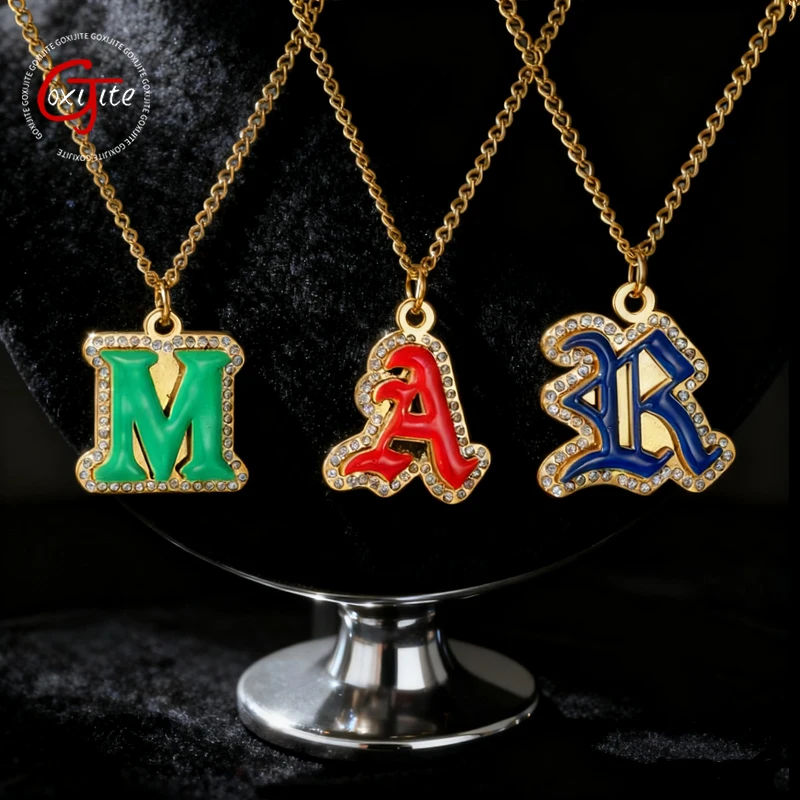 

Goxijite персонализированное ожерелье с большим буквенным цветом, капельное масло, ожерелье из нержавеющей стали на заказ, разные цвета, именная табличка, камень для мужчин и женщин, подарки