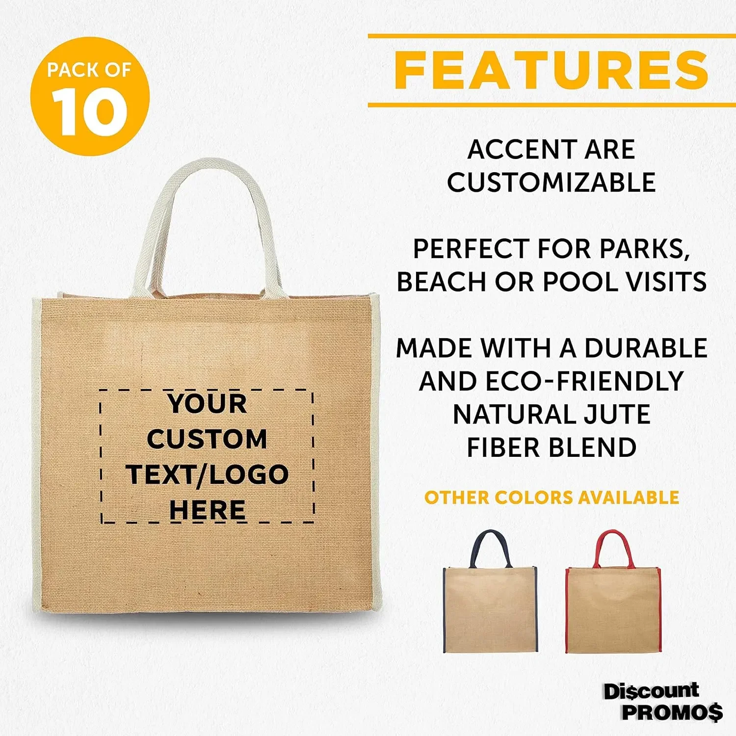 Custom Fresno Eco Friendly Jute Tote Bags Set of 10, Personalized Bulk Pack - Reusable, Great for Tradeshows, Gr