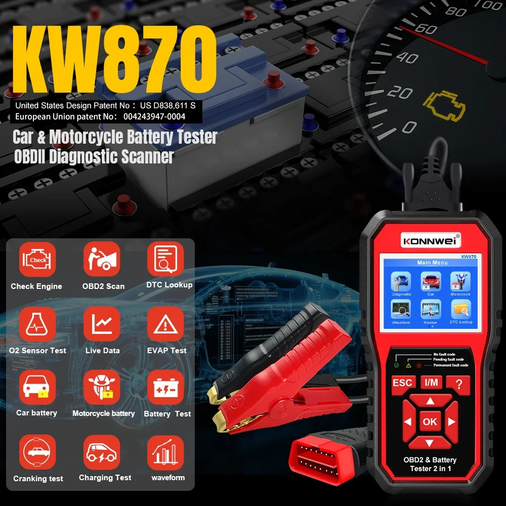 26 Durable KOWWEI KW870 2 in 1 Professional OBD2 Scanner 6V 12V Car Motorcycle Battery Tester Analyzer EOBD/CAN Cranking Chargin
