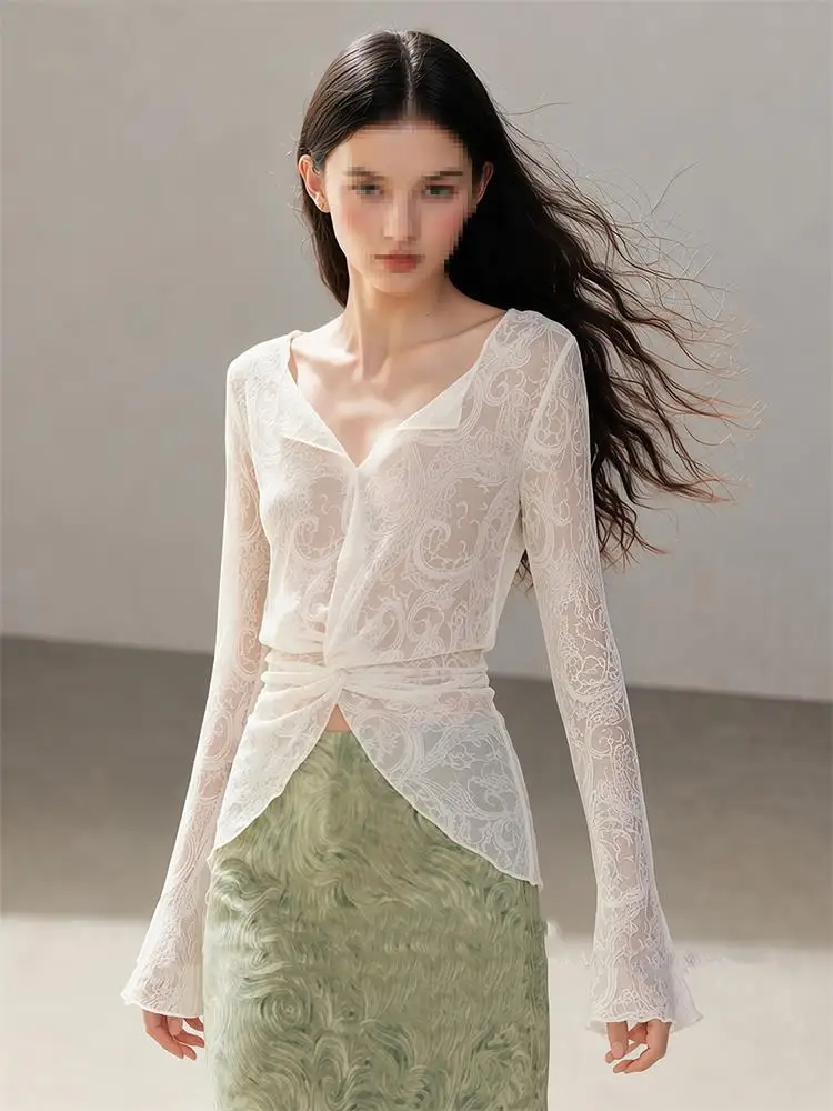 Micro-perforated Embroidered Soft Gauze Twist Cross Wrap Flared Irregular Small Shirt Korean Style Long Sleeve V-neck Lace Top