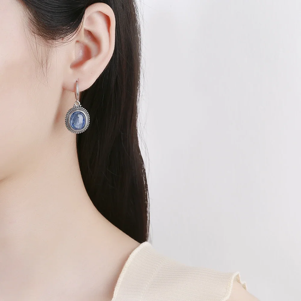 Exquisite Elegant Oval Natural Kyanite 925 Sterling Silver Earring for Women Gems Jewelry Party Engagement Gift Hoop Earrings