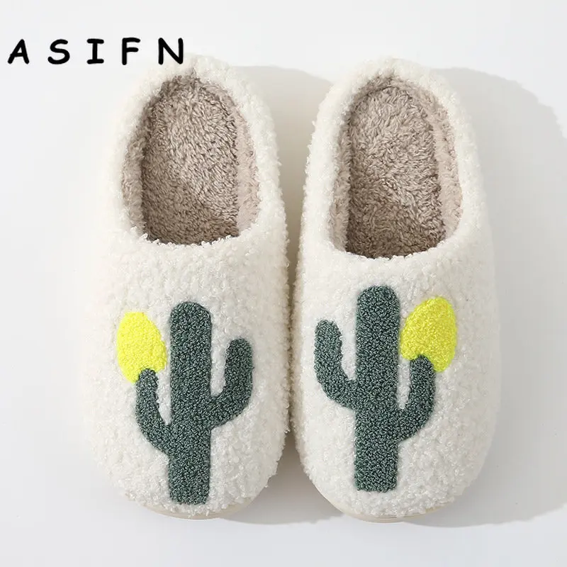 New Comfortable Women Home Cute Cactus Personality Warm Winter Cotton Slippers Couple Men Thick-soled Non-slip Cotton Shoes