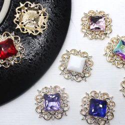 5Pcs/Packet 30mm Square Shape Gold Plated Decorative Buttons Rhinestone Buttons for Sewing DIY Clothing Wedding Decoration