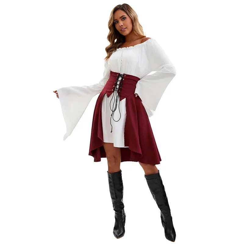 Halloween Medieval Renaissance Long Sleeved Waist Top Pirate Shirt Women's Stage Performance Dress Costume Accessories Cosplay