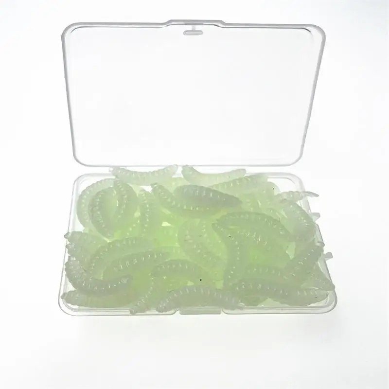100 teile/schachtel Leuchtende Silikon Künstliche Brot Wurm Köder 2 cm 0,3g Made Grub Weiche Angeln Köder Haken Geruch Würmer leuchtende Köder
