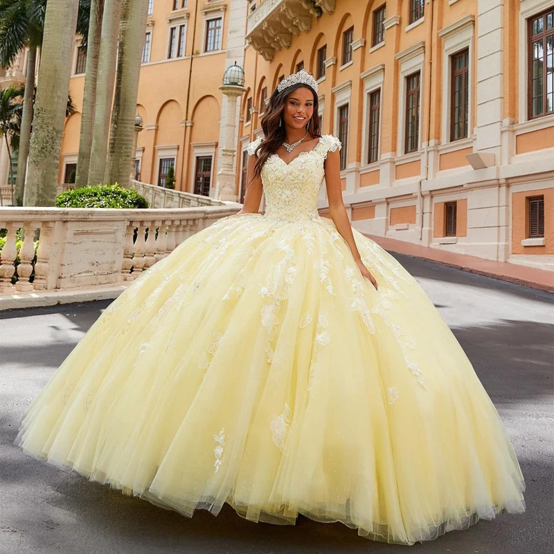 EVLAST-vestido amarillo De princesa para quinceañera, apliques De flores, cuentas De lentejuelas De encaje, dulce 16, vestido De baile, 15 Años, TQD010, 2023