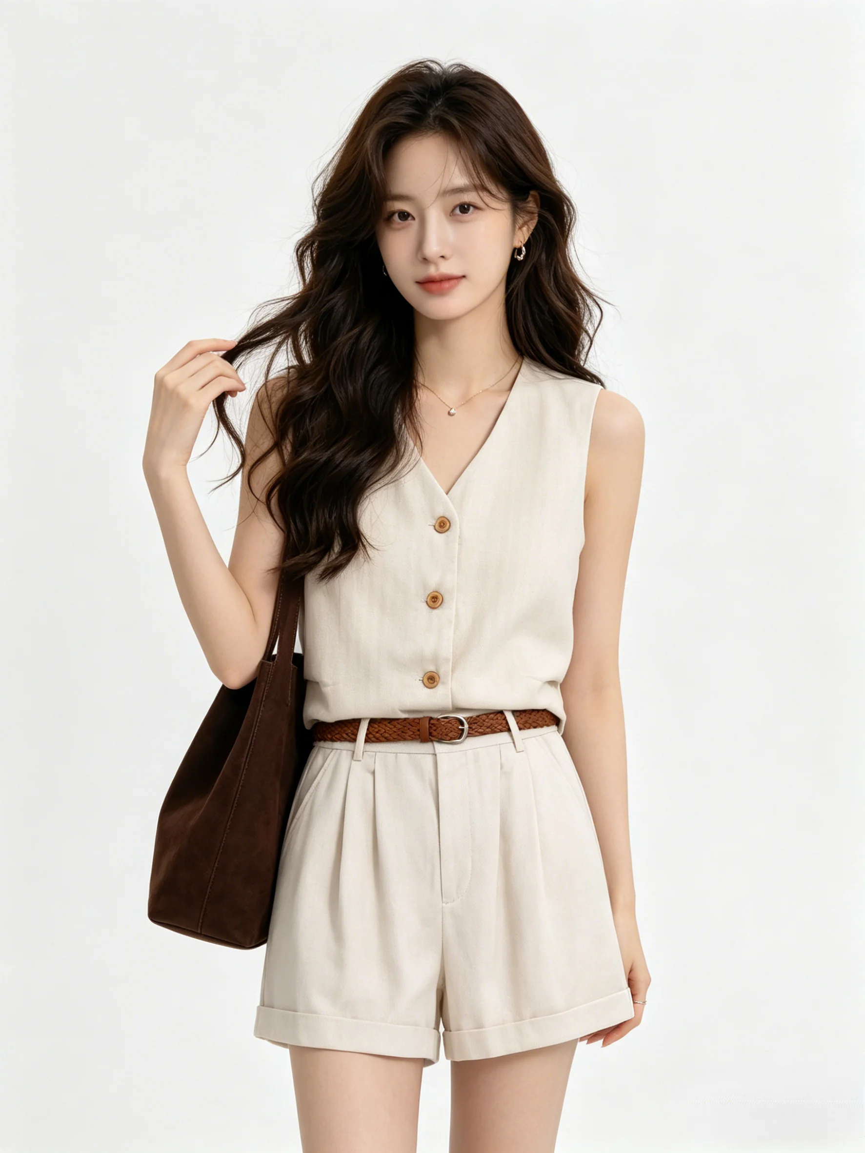 

Korean Style Casual Sleeveless V-Neck Vest Pleated Slimming Shorts Wide Leg Two-Piece Set High-End Summer New Arrival