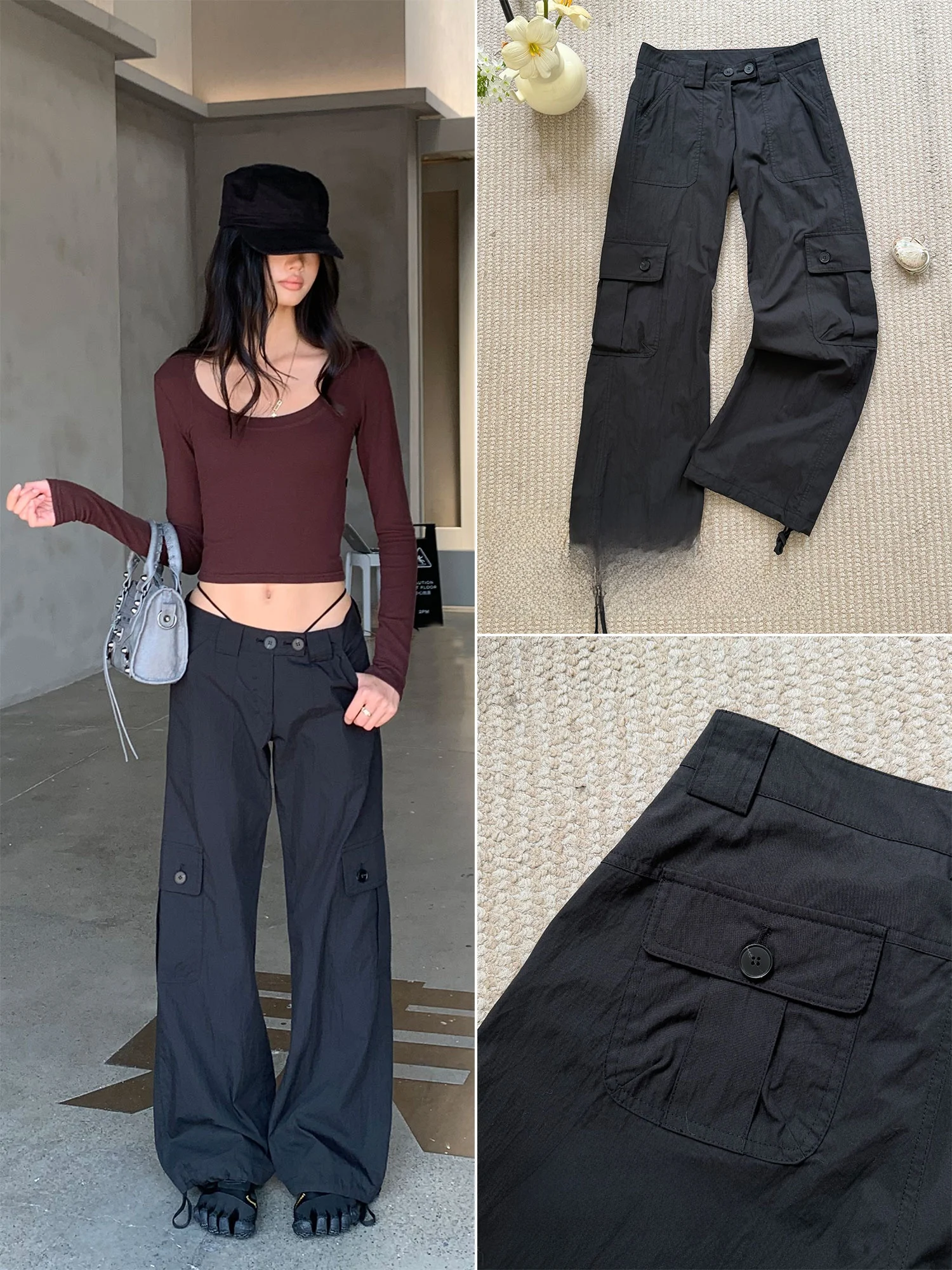 Audwyn American Retro Work Pants Women's Multiple Pockets Straight Leg Wide Leg Drawstring Casual Long Pants Street Style Cot...