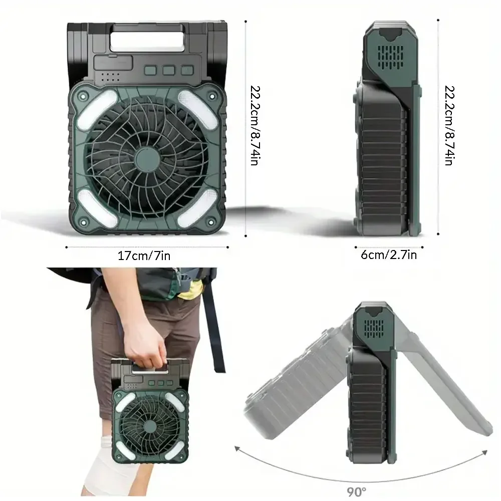 Portátil Camping Solar Powered Fan, bateria recarregável operado Tent ventilador com luz e painel solar, 10400mAh, 9"