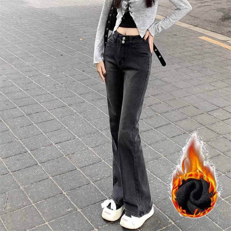 Thickened Fleece-Lined High-Waisted Bell-Bottom Jeans Women's Autumn Winter Petite Slimming Bell Bottom Pants Micro Flare Pants