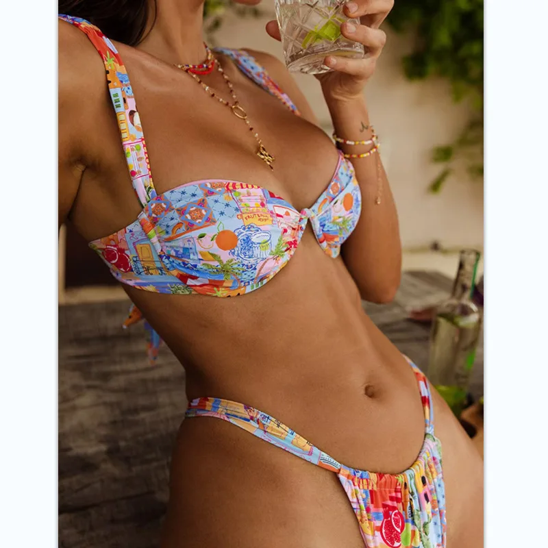 Women Multicolor Printed Bikini Set Two Piece Swimsuit Lace Up Backless Bandeau Swimsuit Steel Wire Padded Bathing Suit