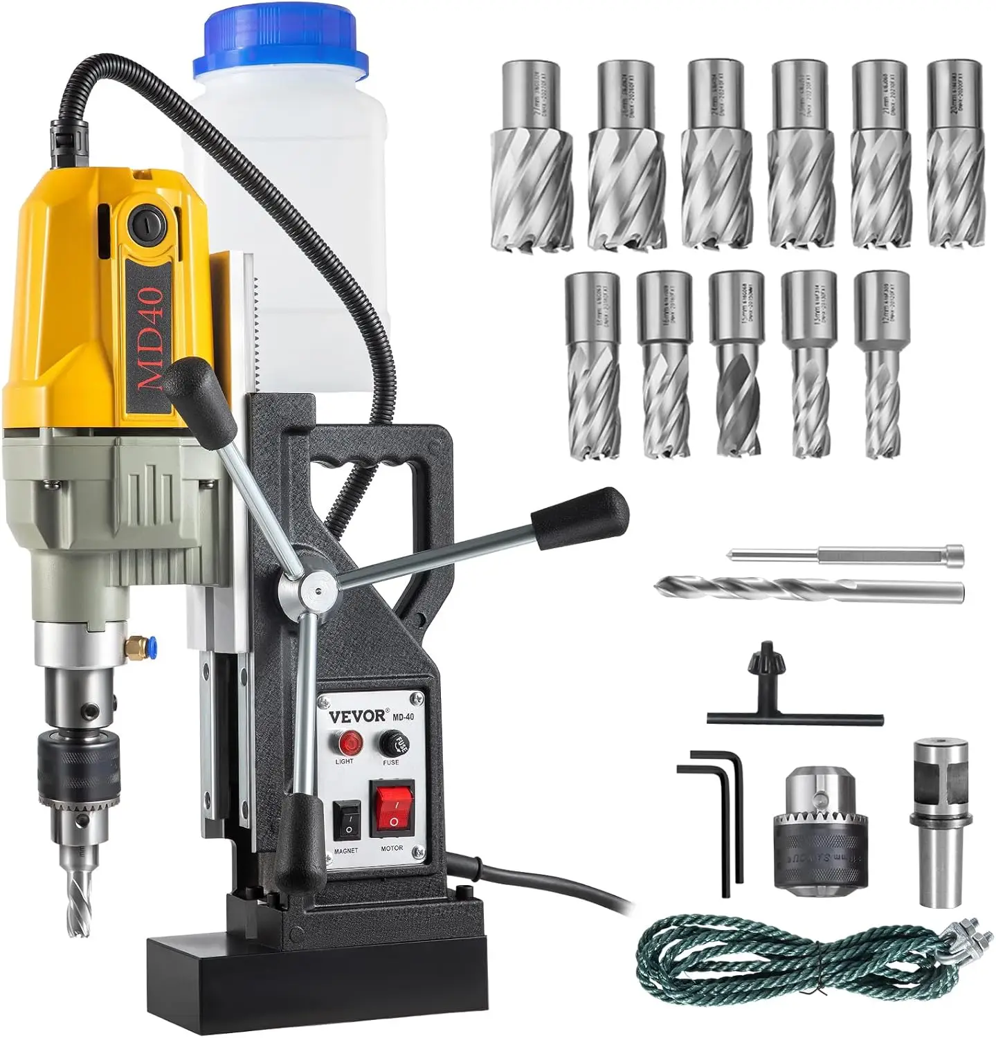 

Magnetic Drill, 1100W 1.57in Boring Diameter, 2697lbf/12000N Power Portable Electric Mag Drill Press with 12 Drilling Bits