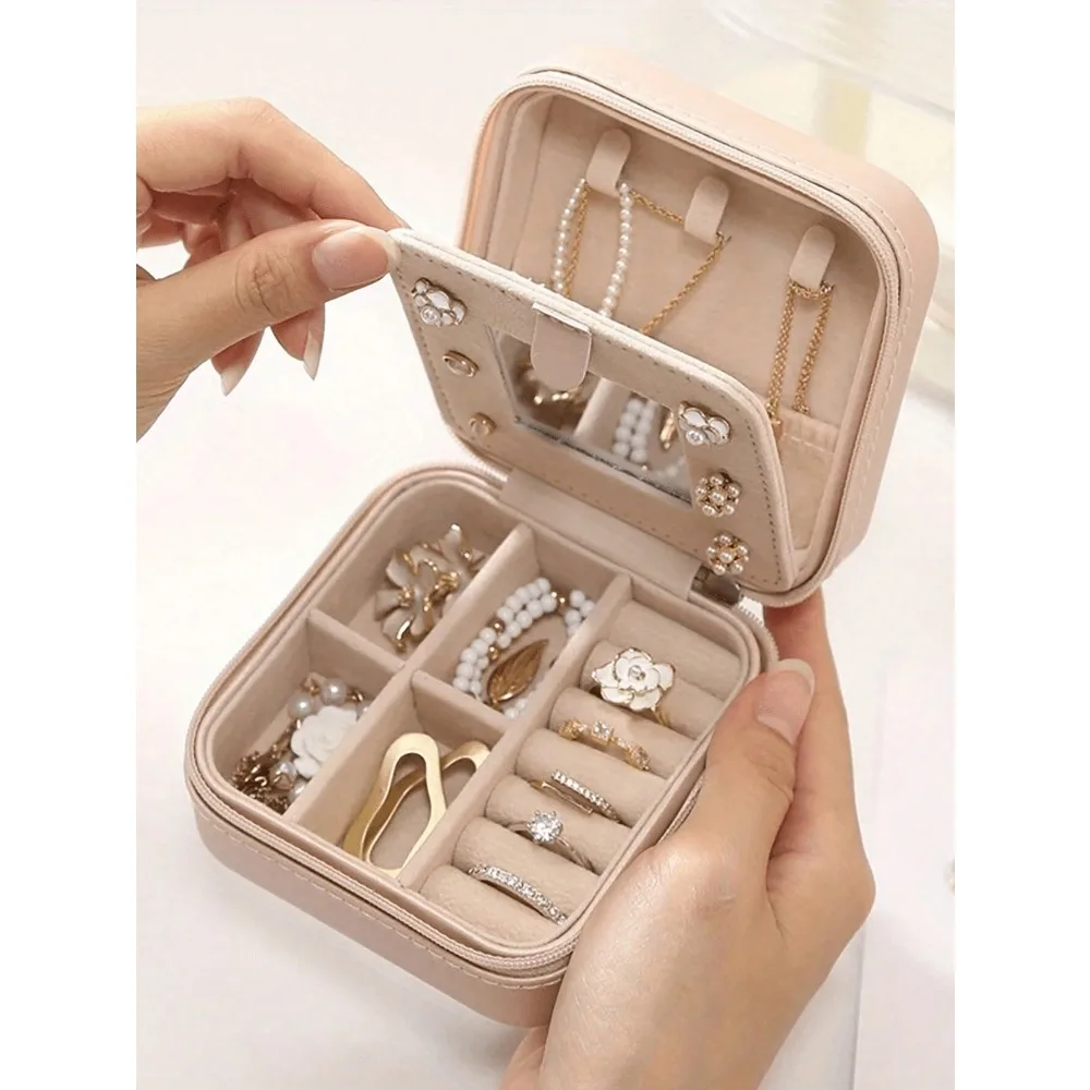 

1pc Travel Jewelry Organizer, Small PU Leather Travel Jewelry Organizer, Jewelry Organizer With Mirror, Gifts For Women, Easy Tr