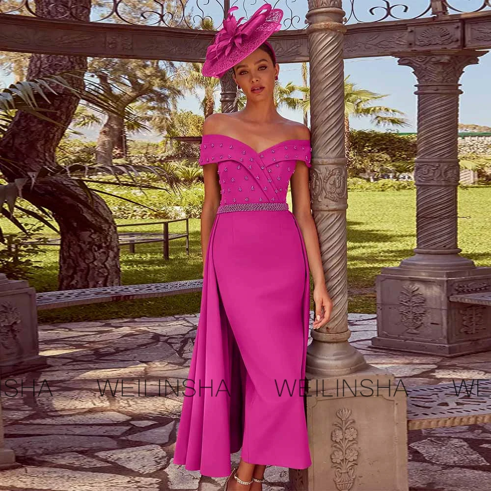 Customized Luxury Cocktail Dresses Crepe Fabric Column Groom's Mother Dress Fuchsia Off-the-shoulder Pearls Cape Prom Dress Midi