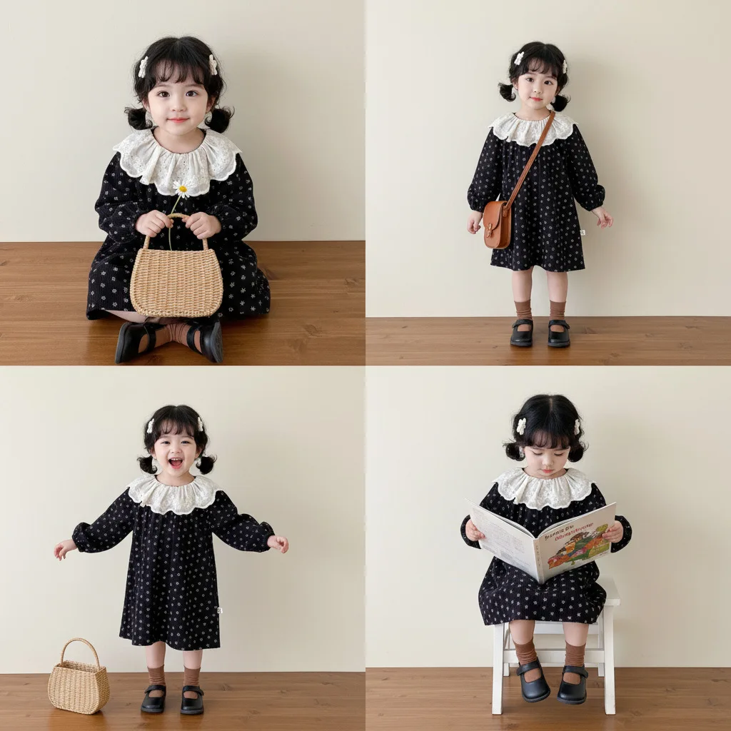 

2025 год, корейское платье с длинными рукавами для девочек, осенняя новая юбка с цветочным принтом в стиле ретро, детская кружевная юбка принцессы с лацканами