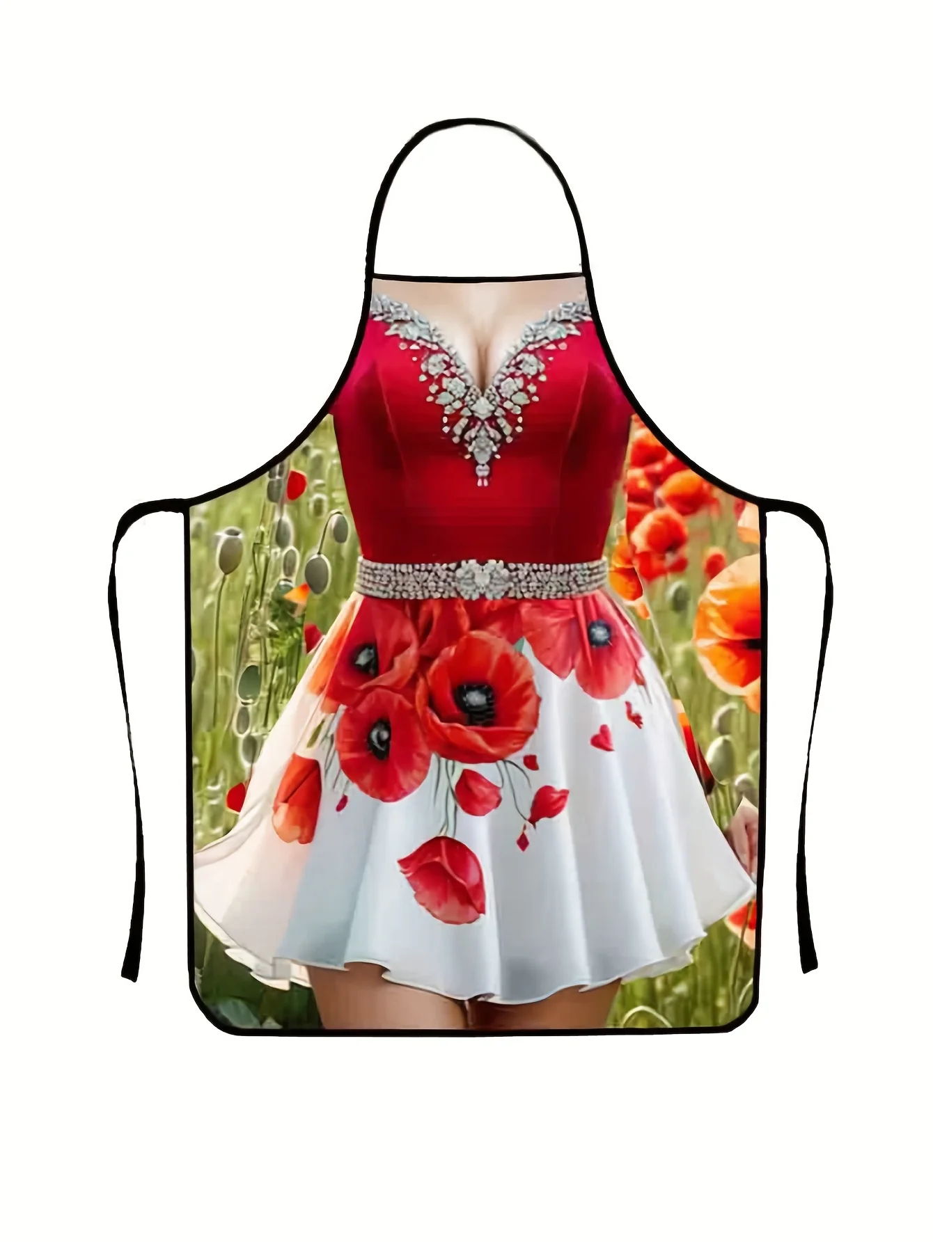 1pc Stylish Floral Gradient Red Dress Print Women’s Apron - Adjustable Ties Perfect for Work or Kitchen Use