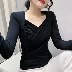 Crossed Folds V Neck T shirt Women's Full Sleeve Solid High Stretch Tshirt Tees Girls Sheath T-shirts Tops for Female