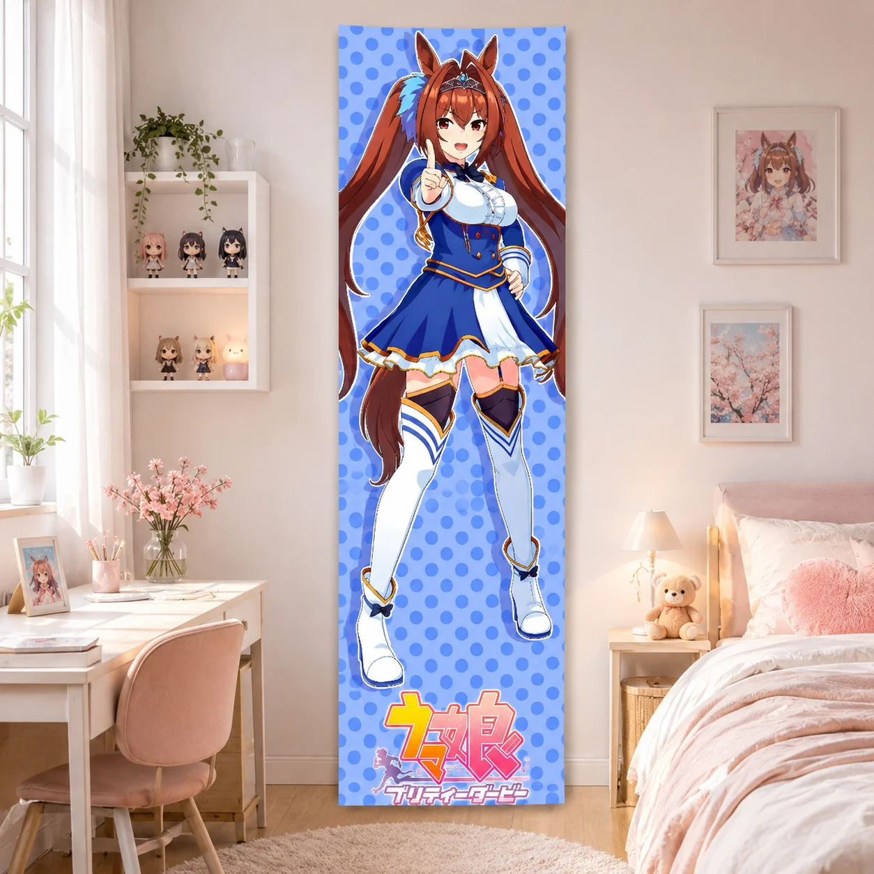 Uma Musume Pretty Derby Daiwa Scarlet Tapestry, Blue Polka Dot Horse Girl Anime Long Vertical Wall Hanging Otaku Bedroom Decor