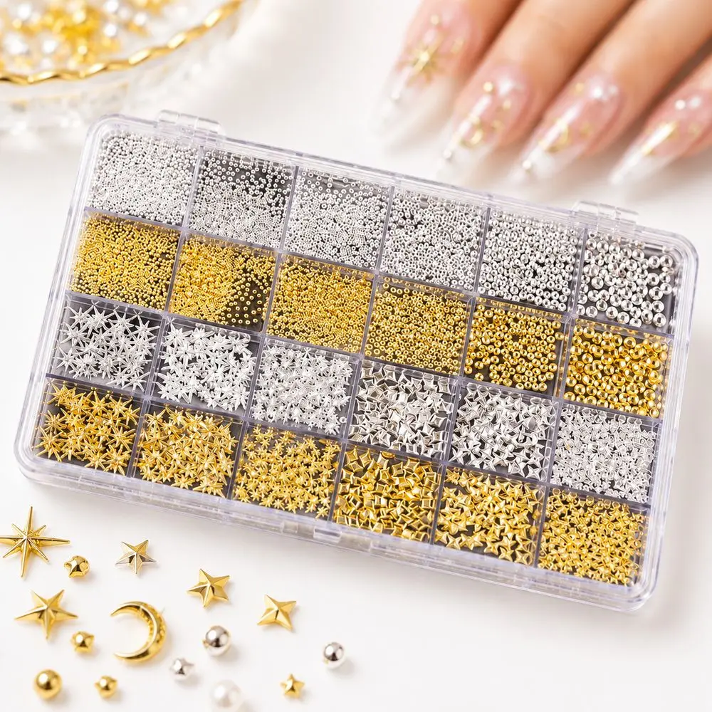 24Grids Assorted Size Sophisticated Timeless Nail Geometric Studs Star Bead Rivets Gold Silver for Formal Event Wear Manicure