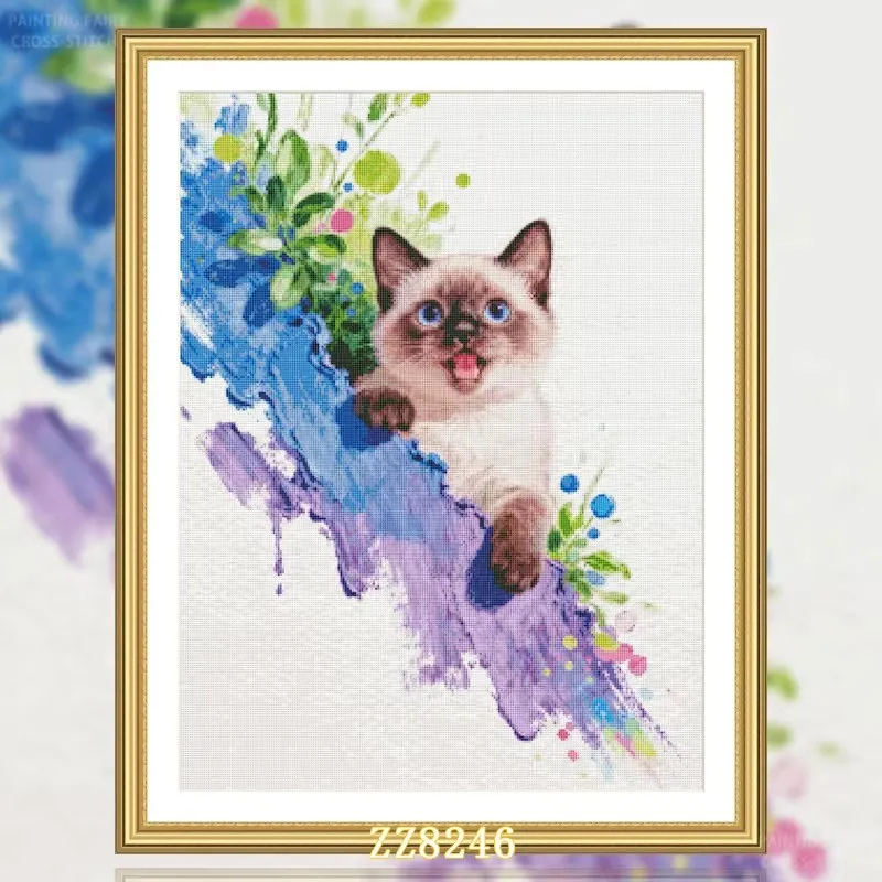 

ZZ8246-Cute Cat 14CT 16CT 18CT Printed On Canvas Cross Stitch DIY Set Needlework Embroidery 100 Colors
